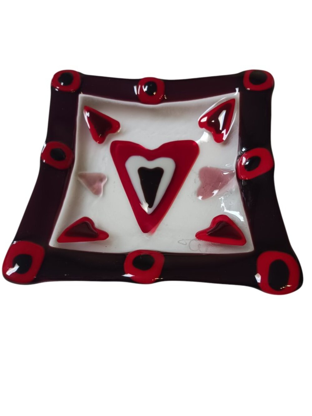 2008 Signed "J. Mule" BC Fused Glass Heart Dish 8" Canadian Folk Art - Picture 7 of 11